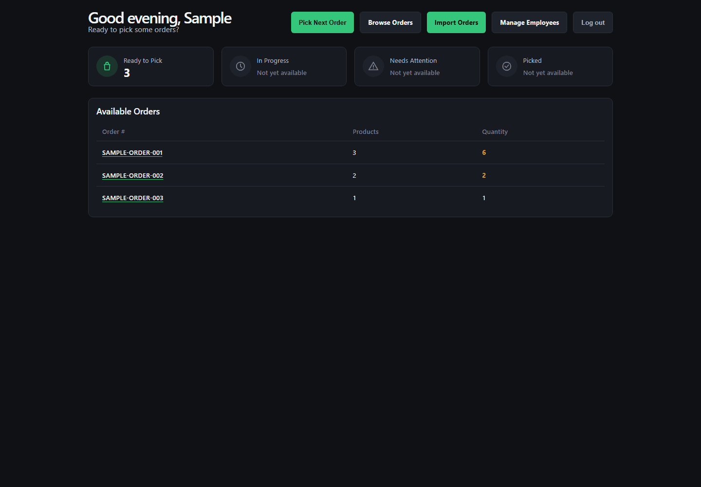 Loot Singles dashboard showing three sample orders ready to pick and navigation for order and employee management.