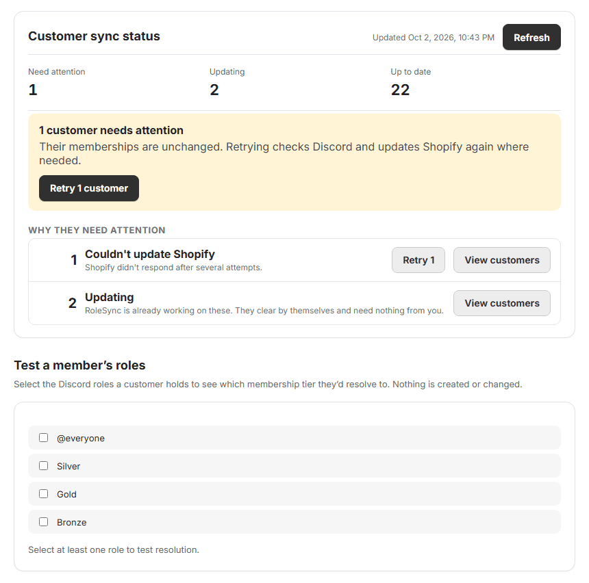 Customer sync status with one customer needing attention because Shopify did not respond, a retry button, and two customers already updating.